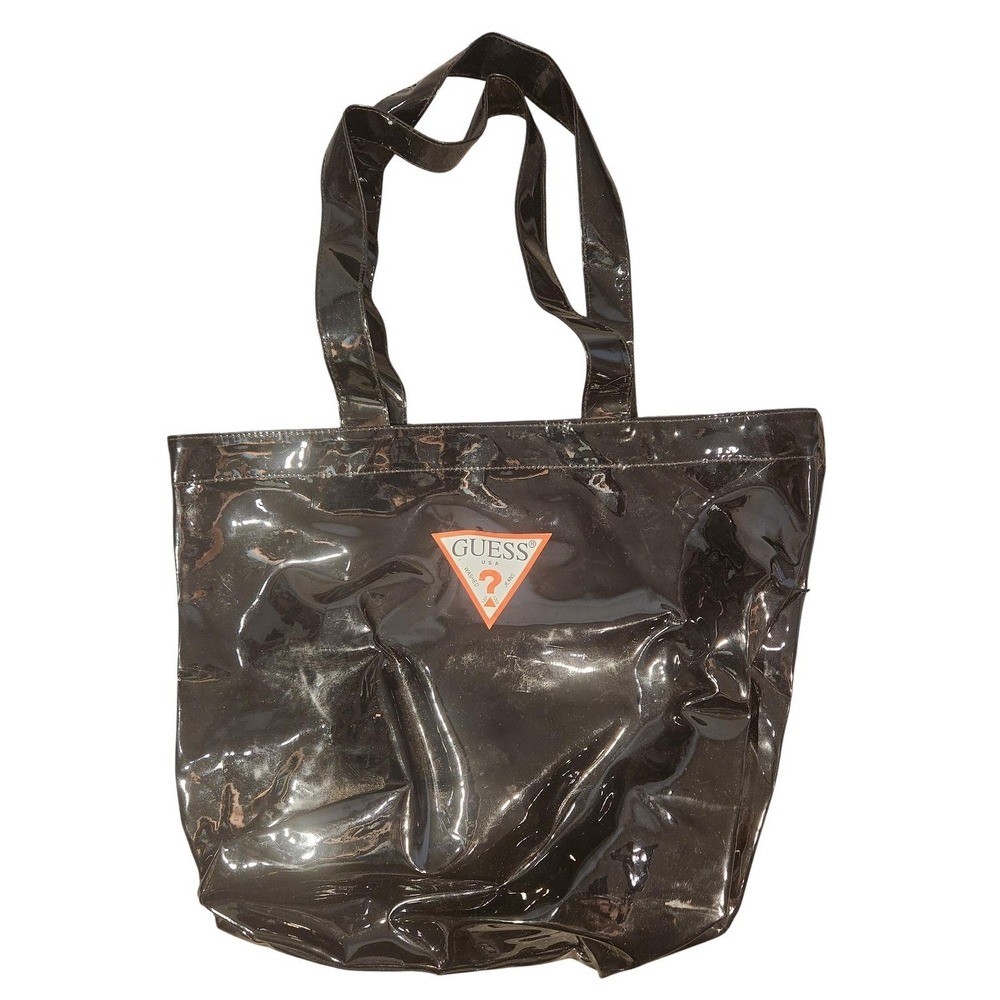 Vintage Y2K Guess Black Glossy PVC Tote Bag Triangle Logo Patent‎ Shoulder Purse